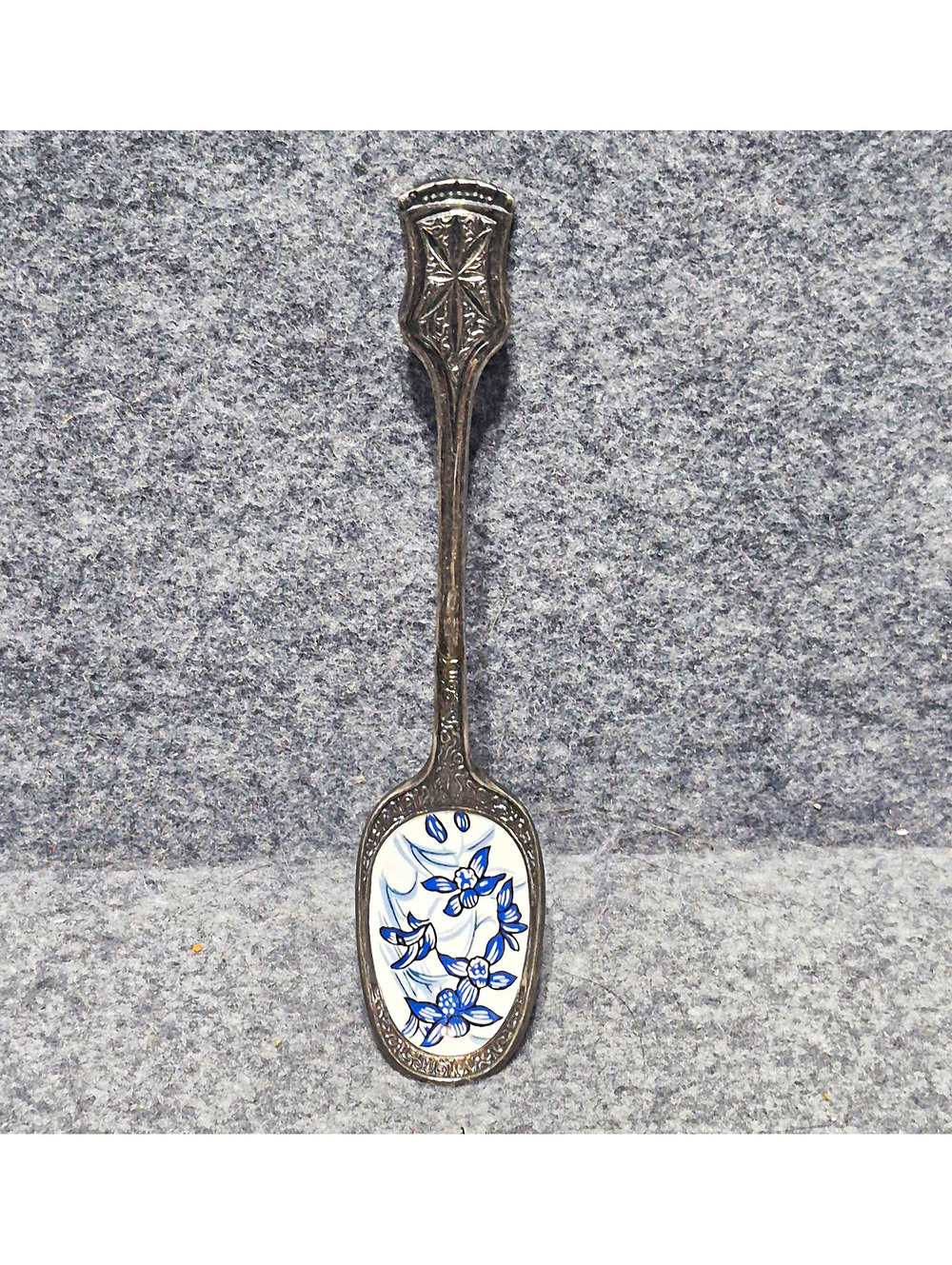 Decorated Floral Ceramic Handle Spoon Silver Tone Blue & White Single